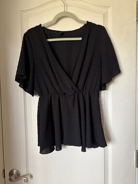 SHEIN Black Textured V-Neck Peplum Blouse